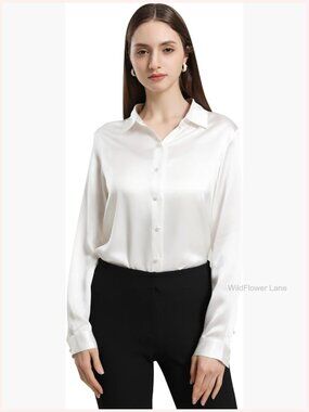 100% Mulberry Silk Blouse Long Sleeve Button Down Shirt Loose Fit